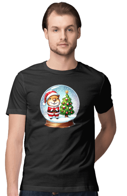 Men's t-shirt with prints Christmas Capybara with a Tree. Animal, capybara, christmas, christmas capybara, christmas tree, gift, holiday, new year, new year`s gift, santa. 2070702