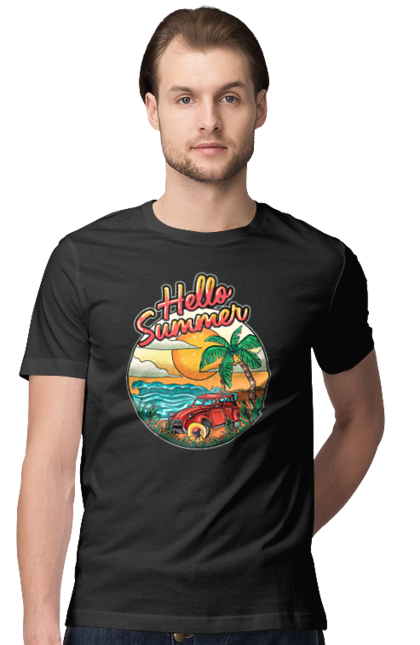 Футболка чоловіча з принтом "Привіт Літо, Машина Біля Моря". Літо, машина, острів, пальма, пляж. 2070702