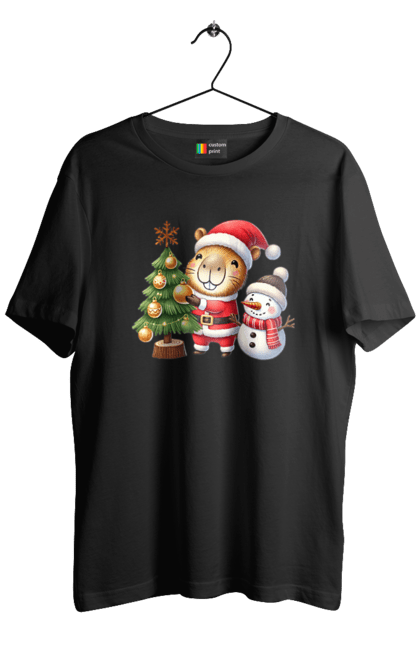 Men's t-shirt with prints Christmas Capybara with a Tree. Animal, capybara, christmas, christmas capybara, christmas tree, gift, holiday, new year, new year`s gift, santa. 2070702