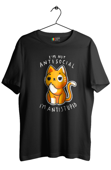 Men's t-shirt with prints I'm not antisocial, I'm antistupid. Antisocial, antistupid, cat, cynicism, hate, humor, irony, joke, meme, sarcasm. 2070702