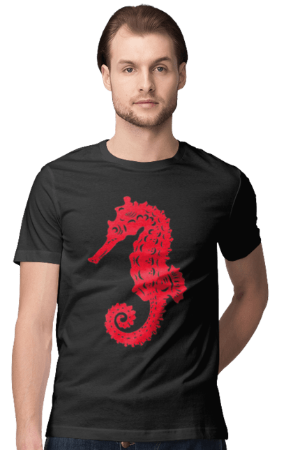 Футболка чоловіча з принтом "Морський коник". Відпочинок, квіти, літні канікули, літо, море, морський коник, морські жителі. 2070702