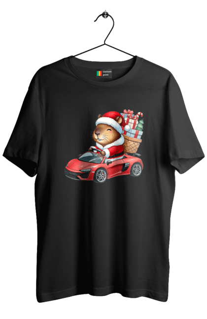 Men's t-shirt with prints Christmas Capybara with a Gift. Animal, capybara, car, christmas, christmas capybara, gift, holiday, new year, new year`s gift, santa. 2070702