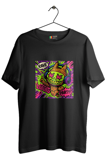 Футболка чоловіча з принтом "Лабубу". Вечірка, вуличне мистецтво, графіті, зоряніочі, коміксстиль, лабубу, навушники, неон, попарт, рейв. 2070702