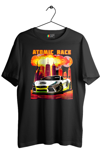 Футболка чоловіча з принтом "Атомна гонка". Авто, автомобіль, атомні перегони, гонки, гоночні машини, спортивна машина, спорткар. 2070702