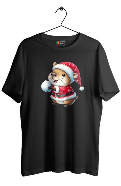 Men's t-shirt with prints Capybara playing snowballs. Animal, capybara, christmas, christmas capybara, game, gift, holiday, new year, santa, snowballs. 2070702