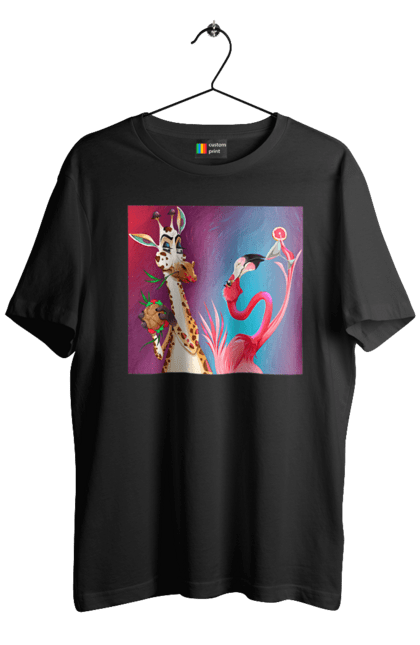 Футболка чоловіча з принтом "Жираф І Фламінго На Вечірці". Жираф, їжа, коктейль, фламінго. 2070702