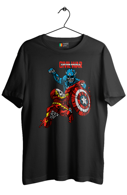 Men's t-shirt with prints Iron Man vs Captain America. Avengers, captain america, civil war, comic, comics, film, iron man, marvel, marvel comics, tony stark. 2070702