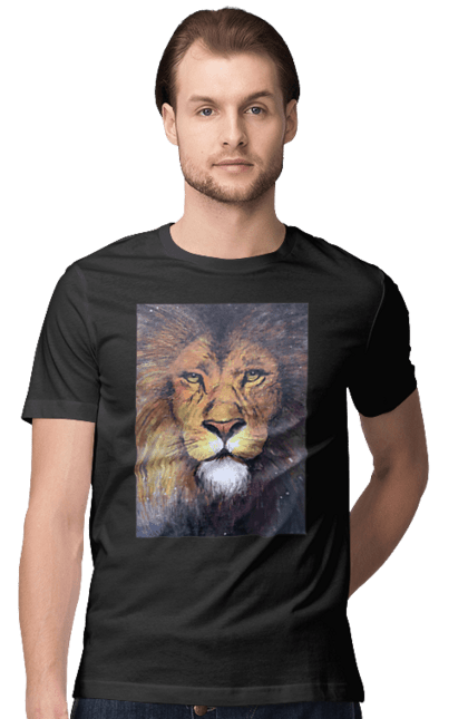 Футболка чоловіча з принтом "Лев". Великий кіт, голова, дика природа, звір, знак зодіаку, знаки зодіаку, зодіак, крейда, лев, морда, олівець, природа, стилізований, стиль, тварина, хижак, хижий. ART принт на футболках