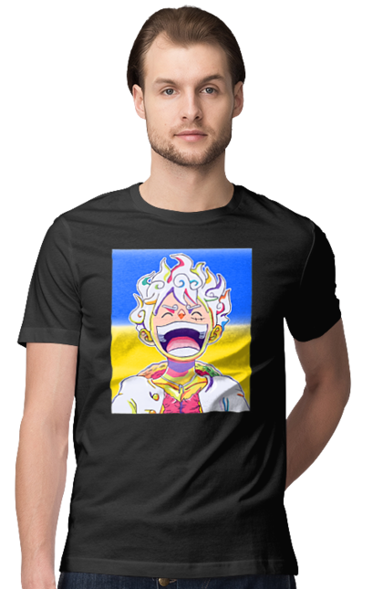 Футболка чоловіча з принтом "Монкі д Луффі сміється на жовто блактному фоні". Ван піс, луффі, монкі д. луффі, прапор україни, символ україни, україна. 2070702