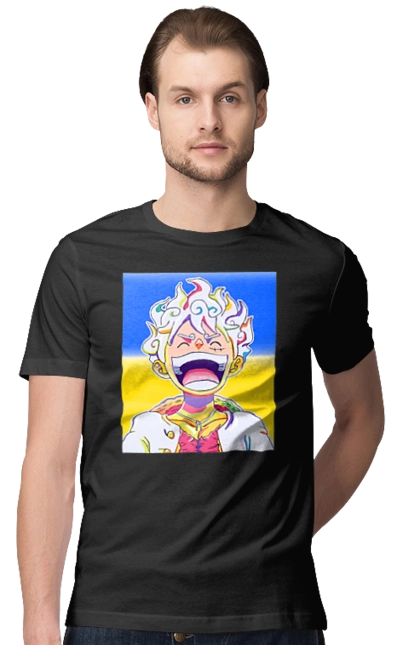 Monkey D Luffy laughing on a yellow blue background