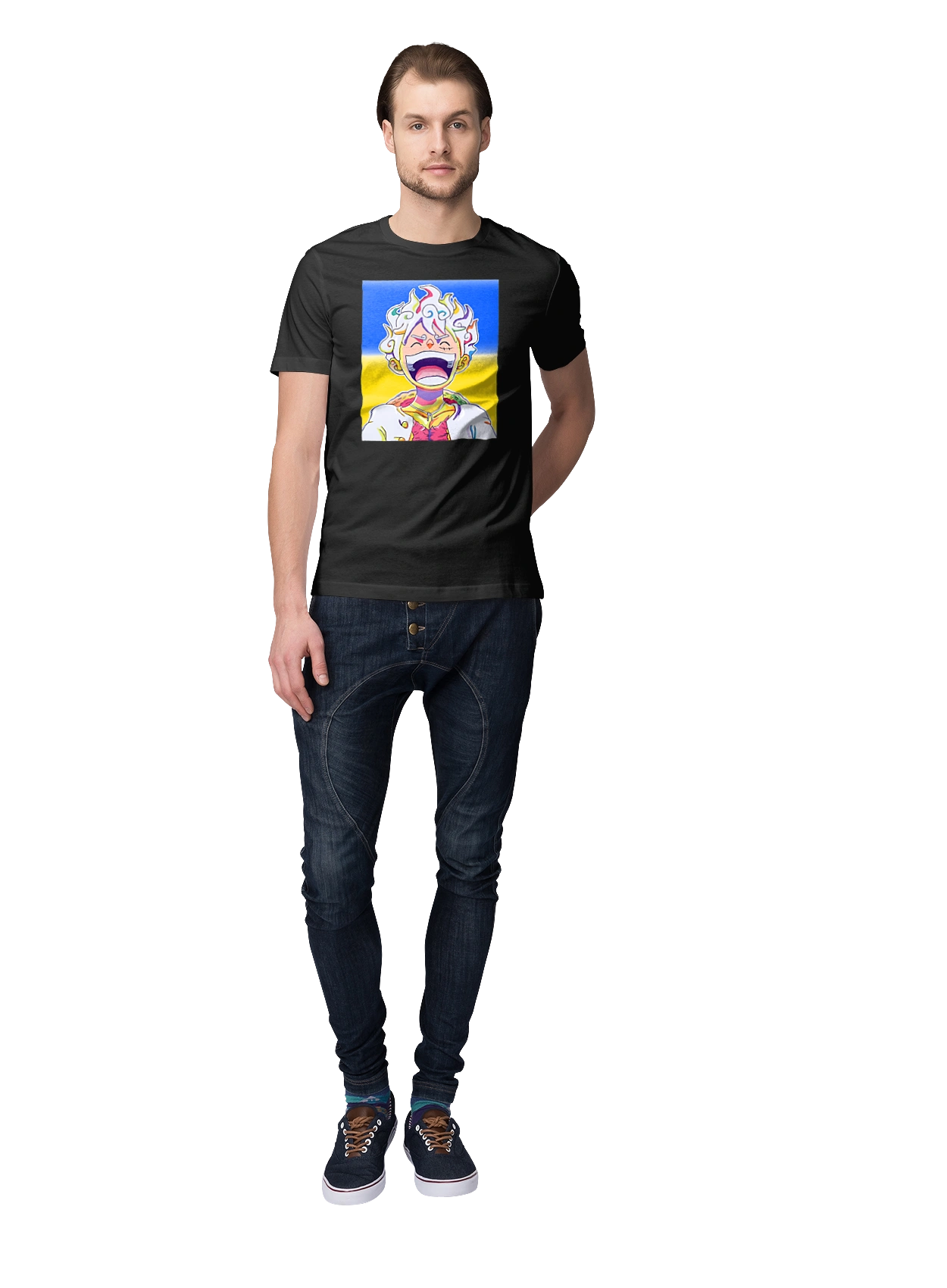 Monkey D Luffy laughing on a yellow blue background