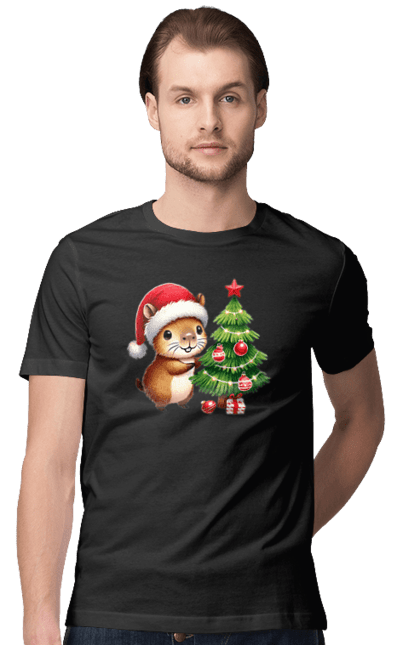 Men's t-shirt with prints Christmas Capybara with a Tree. Animal, capybara, christmas, christmas capybara, christmas tree, gift, holiday, new year, new year`s gift, santa. 2070702