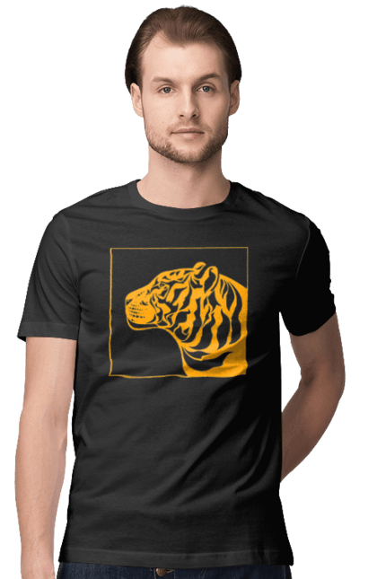 Футболка чоловіча з принтом "Тигр помаранчевий профіль". Велика кішка, великий кіт, голова, дика природа, дикий, звір, погляд, портрет, природа, стилізація, тварина, тигр, хижак. CustomPrint.market