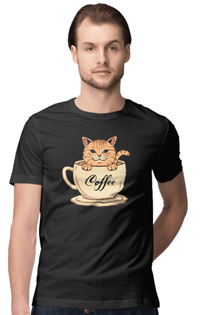 Футболка чоловіча з принтом "Кавовий кіт". Бариста, кава, кафе, кіт, чашка. CustomPrint.market