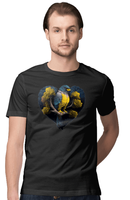 Футболка чоловіча з принтом "Синьо жовтий сокіл". Дерево, прапор україни, серце, символ україни, сокіл, україна. 2070702
