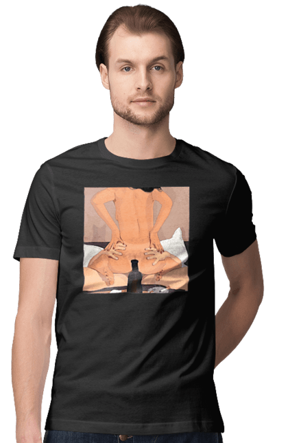 Футболка чоловіча з принтом "Гола Дівчина, Пляшка І Сигарети". Гола, зверху. 2070702