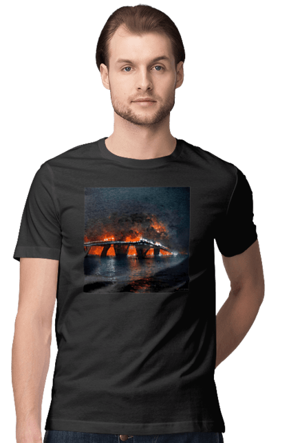 Футболка чоловіча з принтом "Кримський мост горить". Армія росії, армія україни, годить, зсу, крим, мост, удар, удар зсу. 2070702