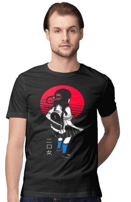 Men's t-shirt with prints Two Mouthed Girl. Horror, japan, language, lips, mouth, schoolgirl, young woman. 2070702