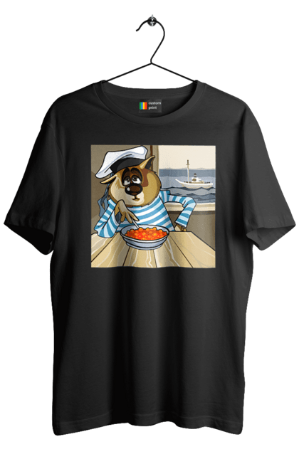 Футболка чоловіча з принтом "Кот Моряк, На Кораблі Їсть Червону Ікру". Ікра, кіт, корабель, моряк. 2070702