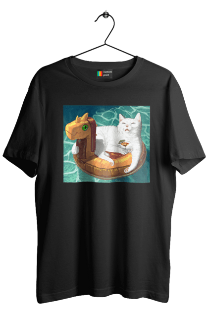 Футболка чоловіча з принтом "Білий кіт у плавальному колі, на відпочинку". Басейн, відпочинок, кіт, коктейль, море, плавальний круг. 2070702