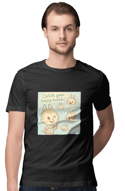 Футболка чоловіча з принтом "Лабубу". Бульбашки, грайливо, каваї, казково, лабубу, милаілюстрація, ніжнікольори, пастельнамистецтво, щасливі бульбашки. 2070702