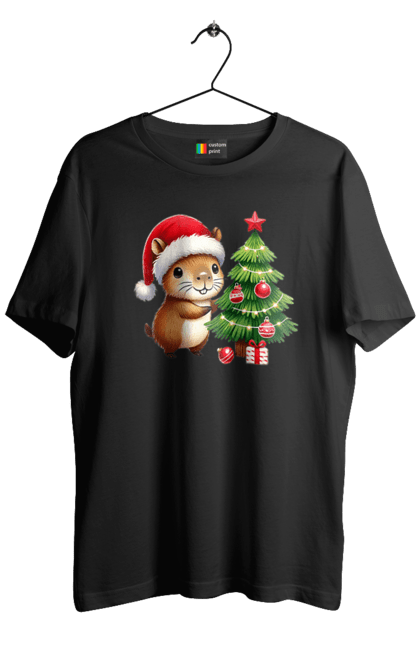 Men's t-shirt with prints Christmas Capybara with a Tree. Animal, capybara, christmas, christmas capybara, christmas tree, gift, holiday, new year, new year`s gift, santa. 2070702