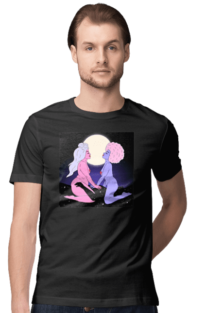 Футболка чоловіча з принтом "Дві Інопланетянки І Місяць". Дівчата, зверху, інопланетянки. 2070702