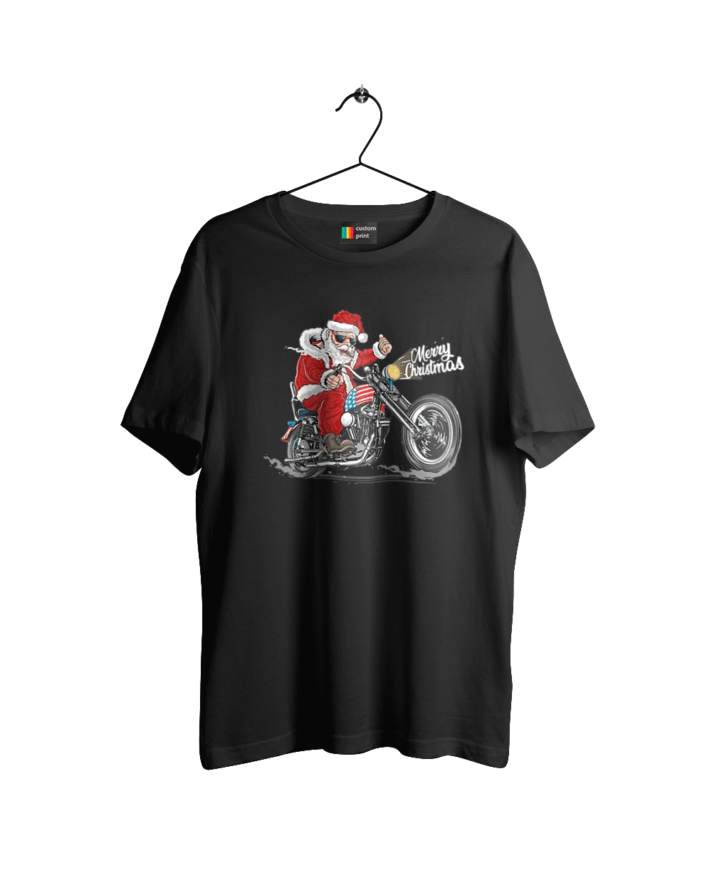 Santa in glasses on a motorcycle