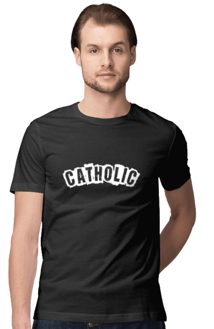 Футболка чоловіча з принтом "Catholic". Білий, гумор, католик, кіт, текст. futbolka.stylus.ua