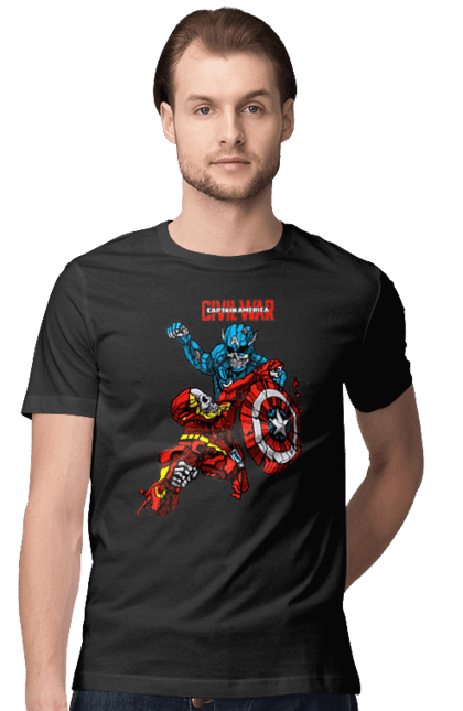 Men's t-shirt with prints Iron Man vs Captain America. Avengers, captain america, civil war, comic, comics, film, iron man, marvel, marvel comics, tony stark. 2070702