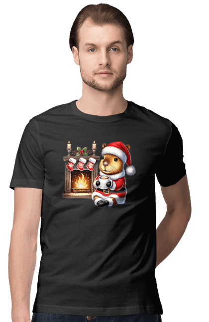 Men's t-shirt with prints Capybara by the fireplace with hot chocolate. Animal, capybara, christmas, christmas capybara, fireplace, gift, holiday, hot chocolate, new year, santa. 2070702