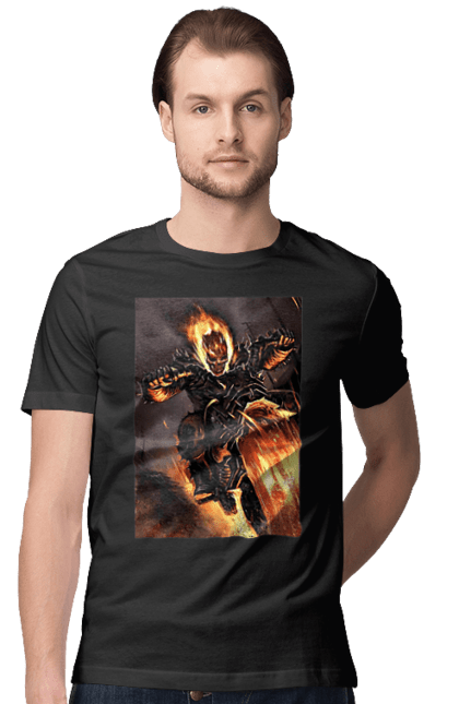 Футболка чоловіча з принтом "Пекельний Гонщик". Вогонь, мотоцикл, пекельний гонщик, скелет, чоппер. 2070702