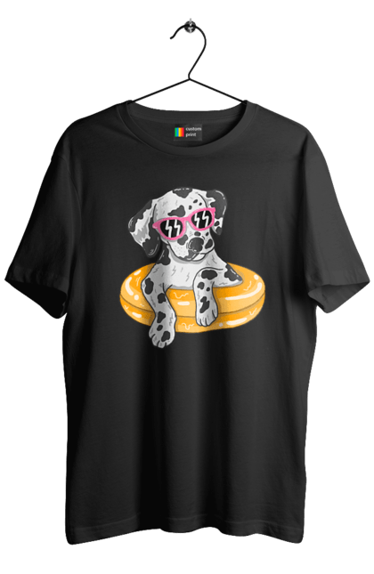 Футболка чоловіча з принтом "Далматинець Плаває У Колі". Далматинець, окуляри, плавати, собака. 2070702