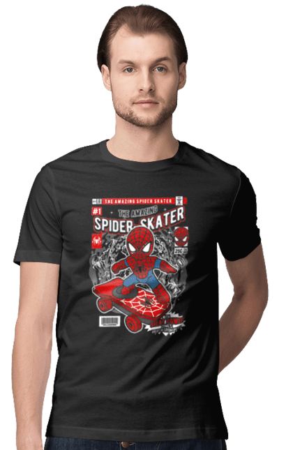 Футболка чоловіча з принтом "Spiderman Skateboard". Герой, дивуватися, комікси, людина, людина-павук, павук, супергерой. Funkotee