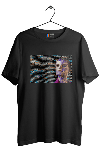 Футболка чоловіча з принтом "Штучний Розум". Айті, айтішник, гик, жінка, знання, інженер, інтелект, кібер, кібернетика, кіборг, код, комп, комп`ютерник, кристал, машинне навчання, мікросхема, мозок, портрет, програміст, професіонал, професія, розробник, розум, світиться, світло, хакер, чіп, штучний інтелект, штучний розум. 2070702