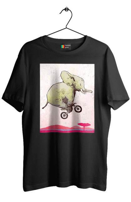 Футболка чоловіча з принтом "Слон На Мотоциклі". Мотоцикл, політ, слон. 2070702