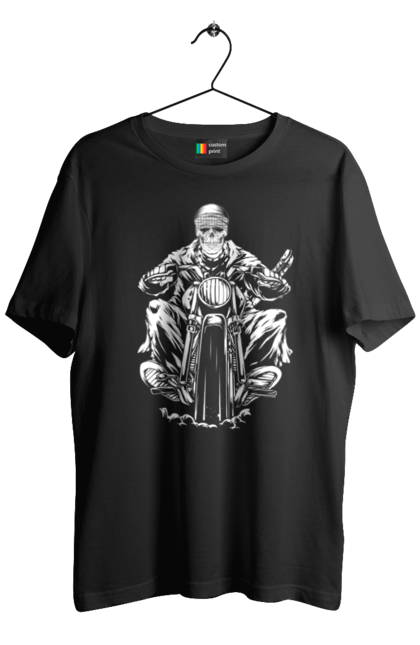 Футболка чоловіча з принтом "Череп на мотоциклі". Байкер, мотоцикл, скелет, череп. 2070702