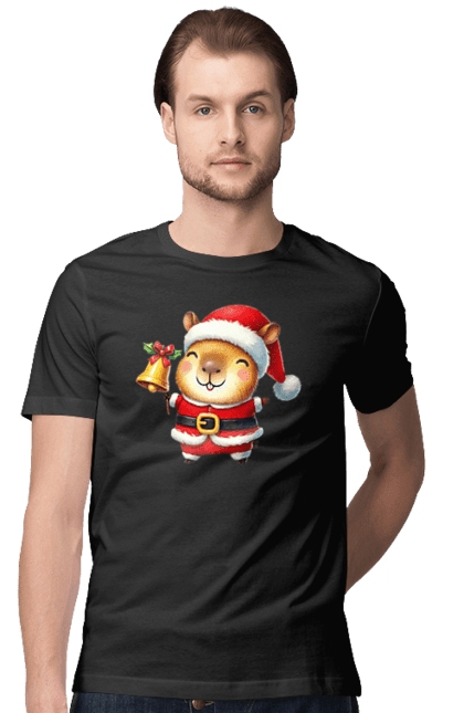 Men's t-shirt with prints Funny capybara with a bell. Animal, bell, capybara, christmas, christmas capybara, gift, holiday, new year, new year`s gift, santa. 2070702