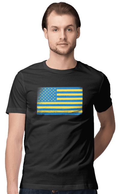 Футболка чоловіча з принтом "Український прапор США". Америка, американський прапор, жовто-блакитний, жовто-блакитний прапор, національний, прапор америки, прапор україни, прикол, сполучені штати, сша, україна, український прапор. Print Shop