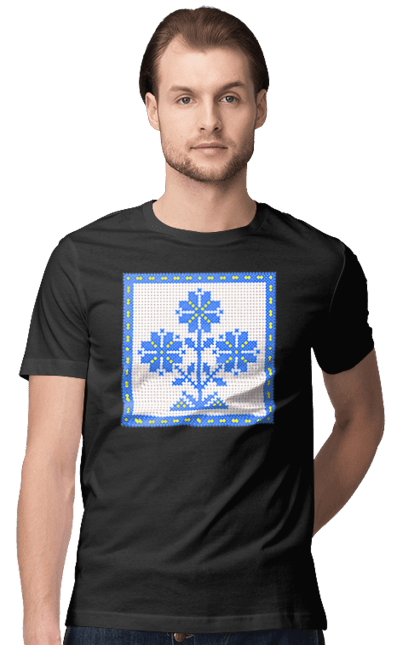 Men`s t-shirt with prints Yellow blue embroidery flowers. Cross stitch, embroidery, flowers, symbol of ukraine, traditions of ukraine, ukraine. 2070702