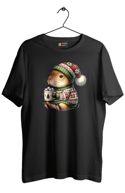 Men's t-shirt with prints Capybara with hot chocolate. Animal, capybara, christmas, christmas capybara, gift, holiday, hot chocolate, new year, santa. 2070702