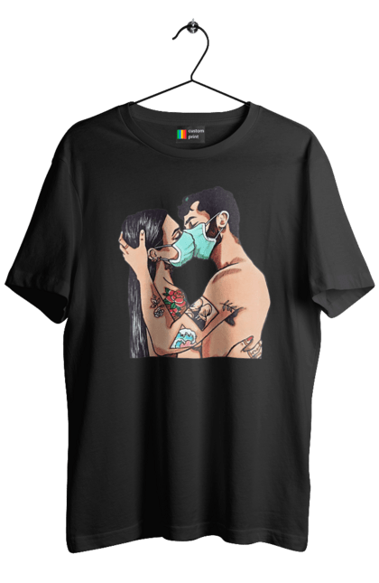 Футболка чоловіча з принтом "Коронавірусна Любов". Карантин, коронавірус, кохання, маска, поцілунок. 2070702