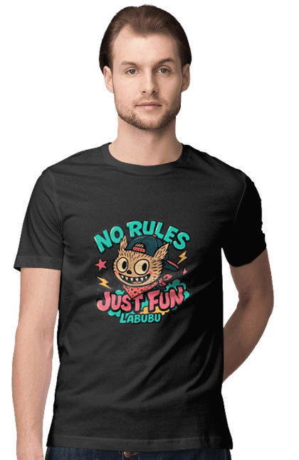 Футболка чоловіча з принтом "Лабубу". Norulesjustfun, y2k, бандана, вуличний стиль, грайливий, графіті, зухвалий, лабубу, ретромультяшка, яскраво. 2070702