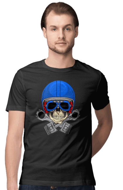 Футболка чоловіча з принтом "череп мотолюбитель". Байкер, окуляри, череп, шолом. 2070702