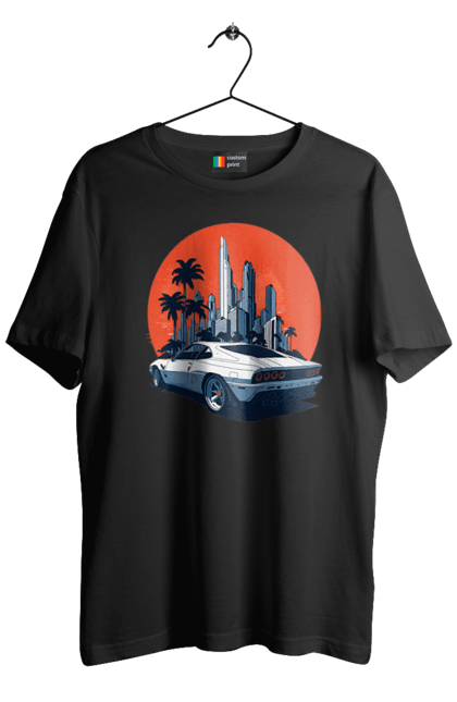 Футболка чоловіча з принтом "Авто". Гонка, захід сонця, спортивний автомобіль, швидкість. 2070702