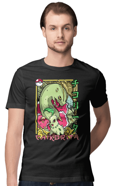 Men's t-shirt with prints Pokemon Chikorita. Anime, chikorita, games, nintendo, pokemon, pokemon go. 2070702