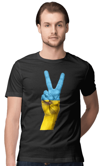 Футболка чоловіча з принтом "Два Пальця, Світ, Україна". Мир, рука, україна. 2070702