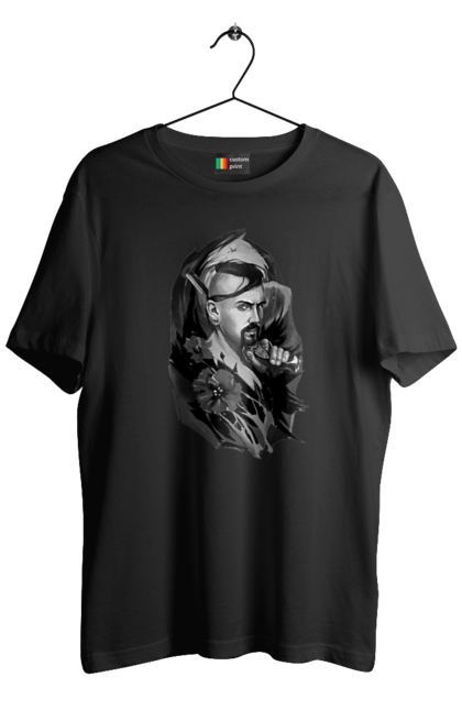 Футболка чоловіча з принтом "Козак". Вуса, квітки, козак, пістолет, справжній українець, чуб. 2070702