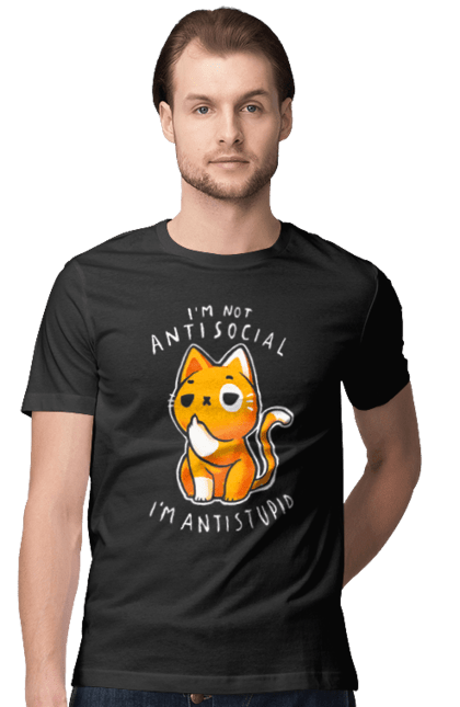 Men's t-shirt with prints I'm not antisocial, I'm antistupid. Antisocial, antistupid, cat, cynicism, hate, humor, irony, joke, meme, sarcasm. 2070702