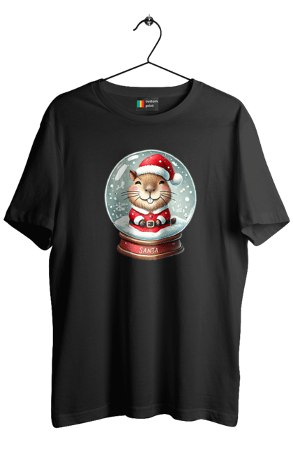 Men's t-shirt with prints Capybara in a snow globe. Animal, capybara, christmas, christmas capybara, gift, holiday, new year, new year`s gift, santa, snow globe. 2070702